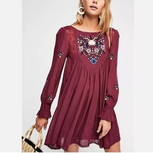 Free People Moya Dress Boho Floral Purple Embroidered Long Sleeve
